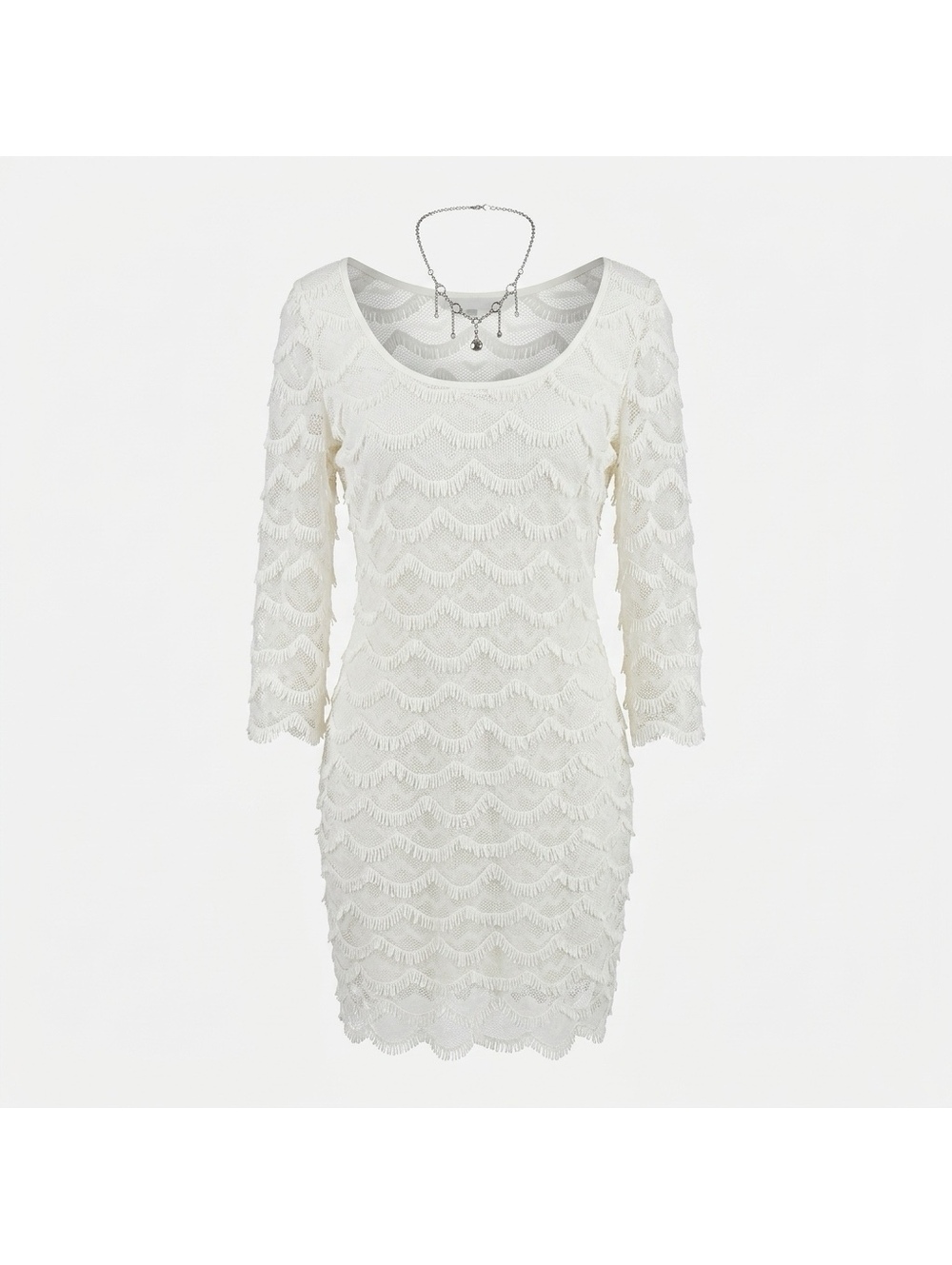 Guess White Textured 3/4 Sleeve Scoop Neck Dress with Back Zipper